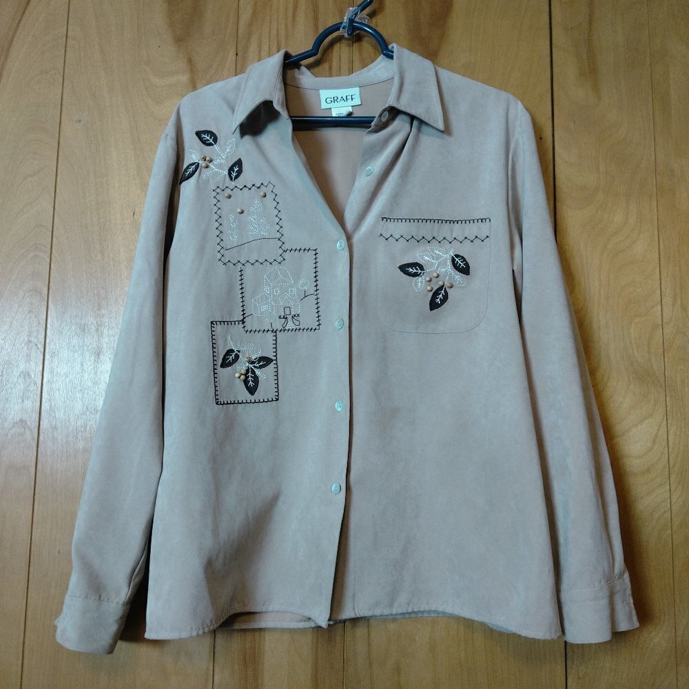 Graff Beige Button Front Embroidered Beaded Blouse Size Medium Neutral Vintage
